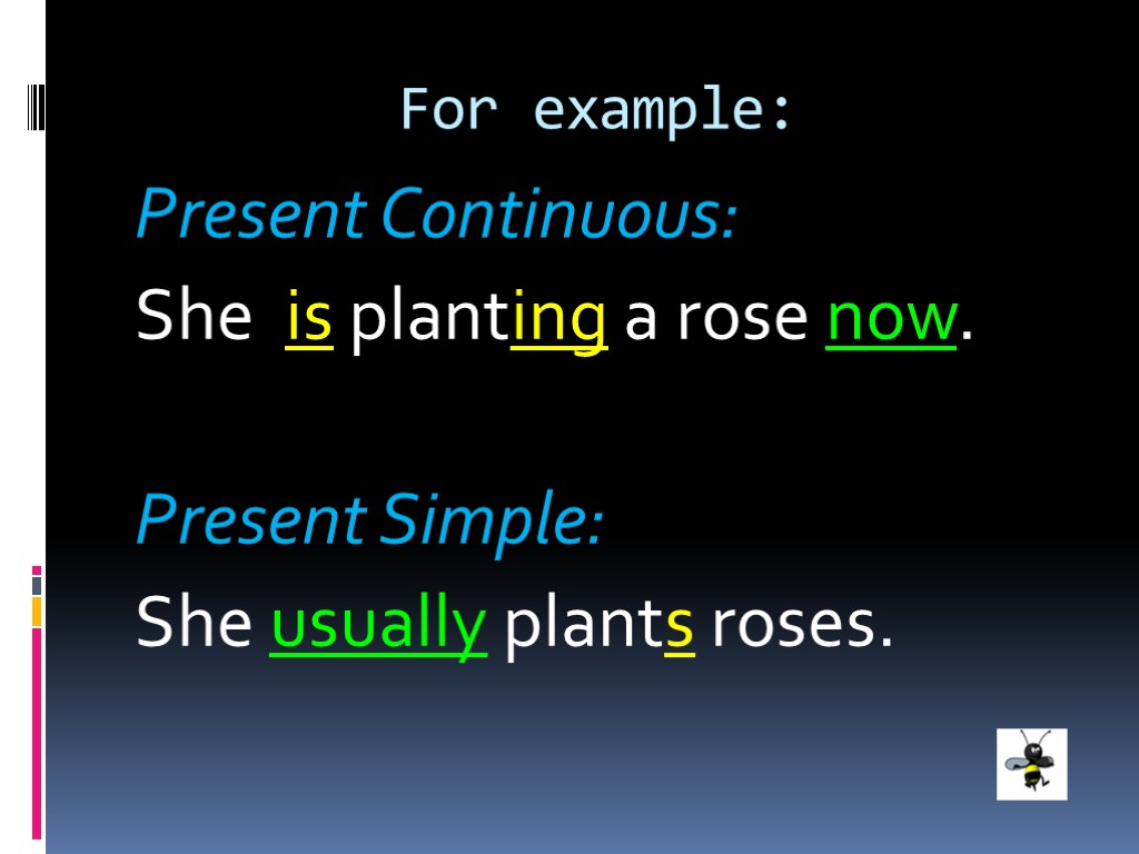 For example: Present Continuous: She is planting a rose now. Present Simple: She usually